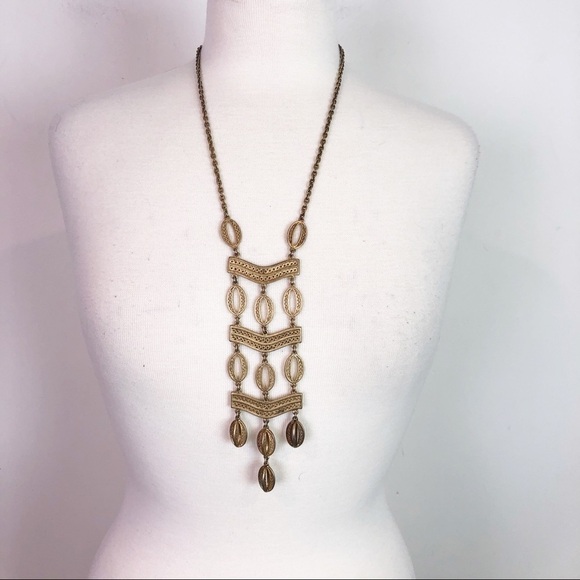 STELLA & DOT GOLD METAL LONG DANGLE BOHO STATEMENT NECKLACE - Picture 1 of 5